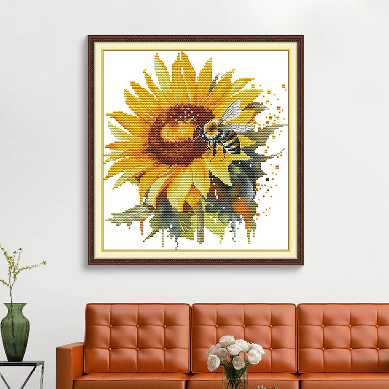 Joy Sunday Cross Stitch Sunflowers and Bees Pattern Aida 14CT 11CT Cloth Handmade Embroidered Complete Set Home Display For Wall