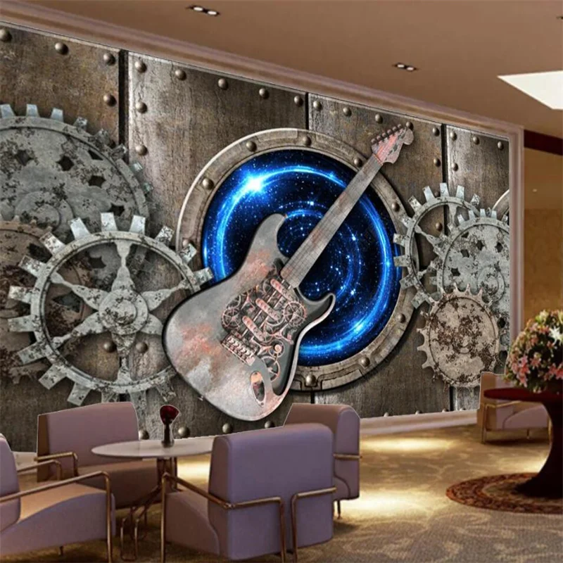 

3D Stereo Photo Wall Paper Retro Nostalgic Gear Guitar Custom Mural Bar KTV Industrial Decor Wallpapers Papel De Parede 3D