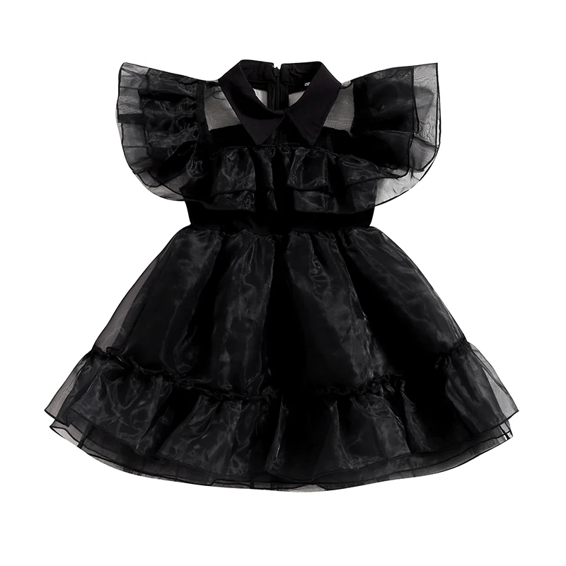 2023-06-28 Lioraitiin 3-9Years Kid Girls Casual Halloween Dress Black Flying Sleeve Turn Down Collar A-line Tulle Dress