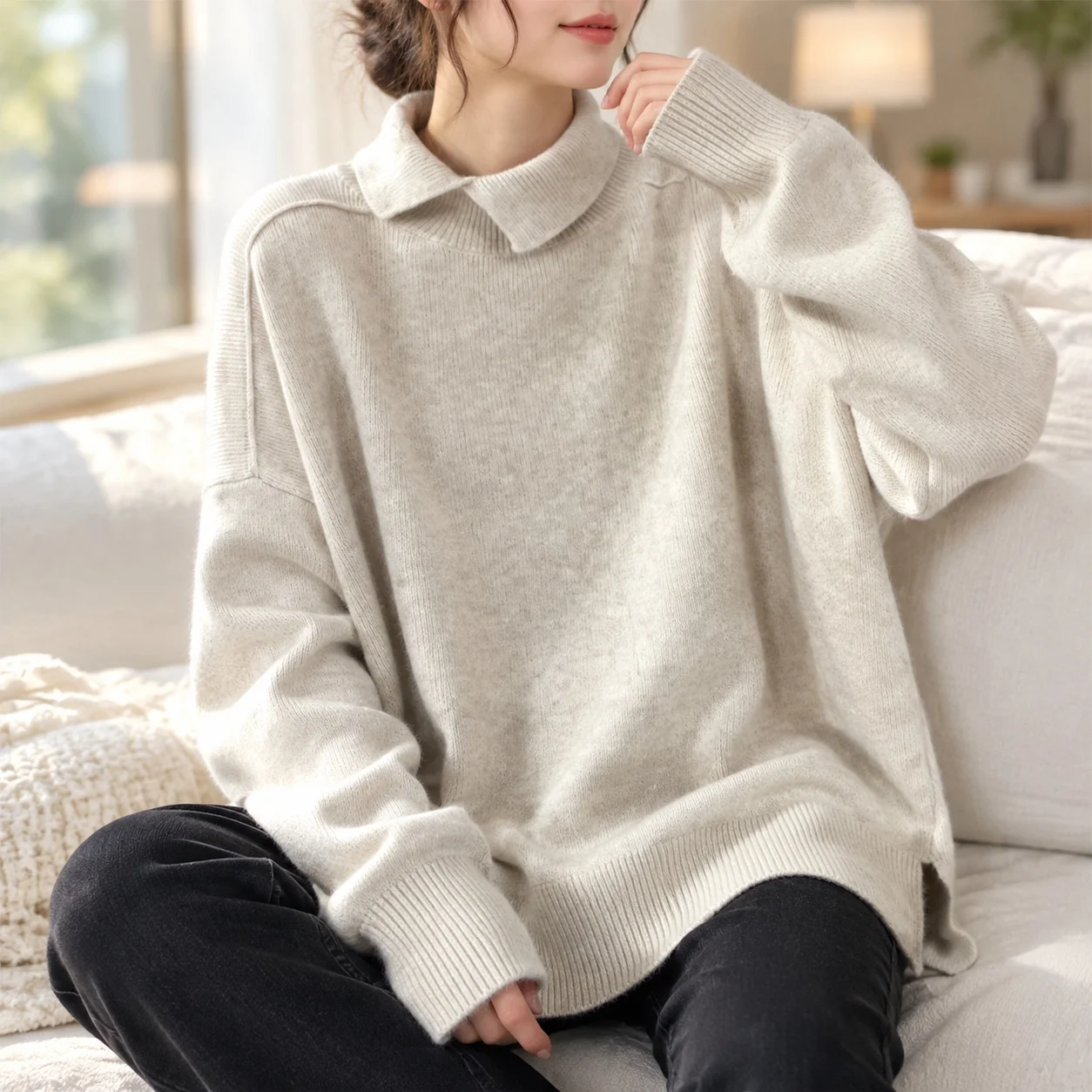 Pullover Sweater Single Regular Length Minimalist with Casual Regular Thickness Patchwork Long Sleeve Relaxed Fit Women Sweater