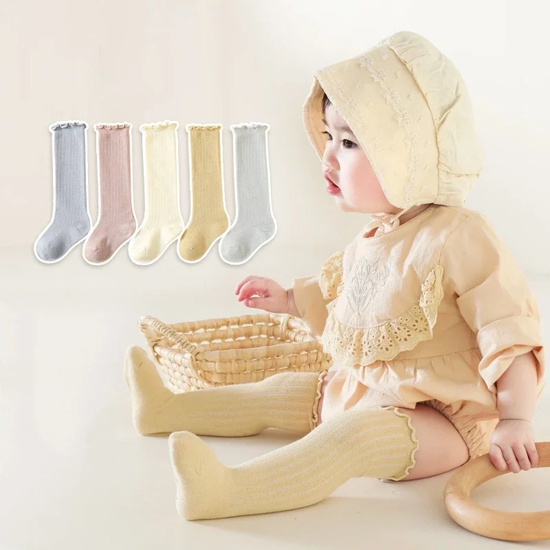 Ruffle Kids Knee High Socks Baby Girls Toddlers Long Soft Cotton Sock Lace Flower Children School Uniform Socks for 0-6 Years