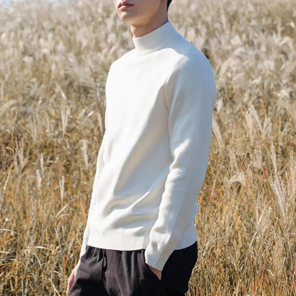 Suéter elástico para hombre, suéter de otoño e invierno, prendas de punto con cuello medio alto, mangas largas elásticas gruesas, corte ajustado, cálido y sólido para uso diario