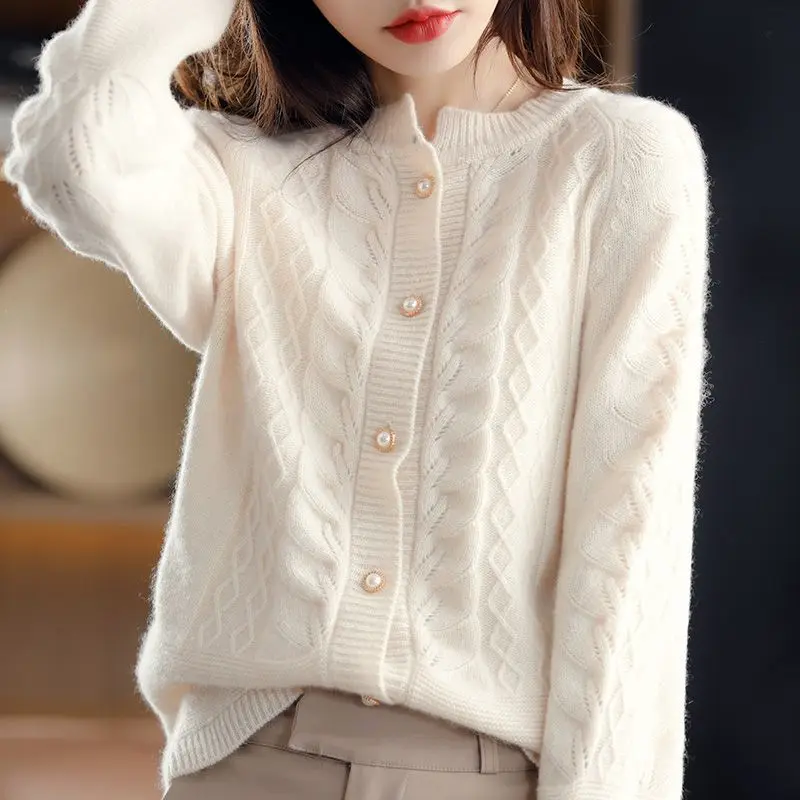 Women's Autumn Winter Fashion Solid Color Round Neck Button Hollow Versatile Long Sleeved Loose Sweater Knitted Cardigan Tops