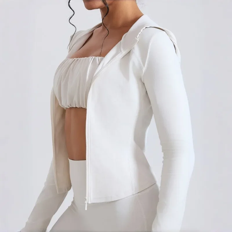 

Women's Nude Faux Leather Yoga Top Windproof Tight Fitting Slimming Waist Cinching Zipper Sports Jacket Outdoor and Fitness Top