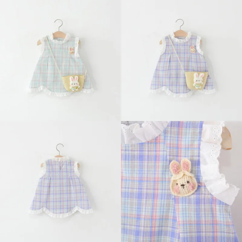 

Baby Girl Dress Summer Cotton Solid Color Plaid Lace Edge Sleeveless Girls Dresses Cute Casual Beach Baby Girl Clothing
