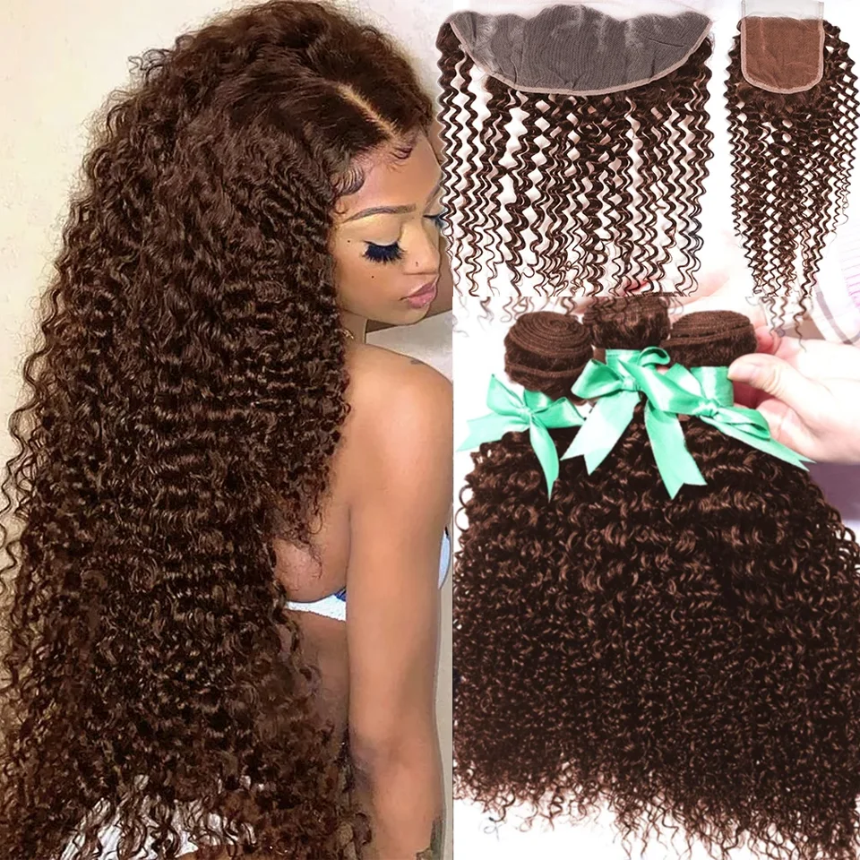 15A Mongolian Kinky Curly 3/4 Bundles With Closure Human Hair Bundles With Frontal Closure Loose Deep Wave Bundles With Closure