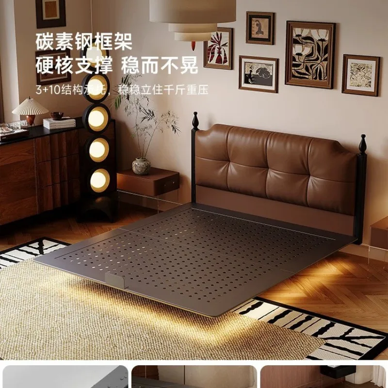

Small apartment bed flush edge carbon steel suspended frame master bedroom double French cream wind designer