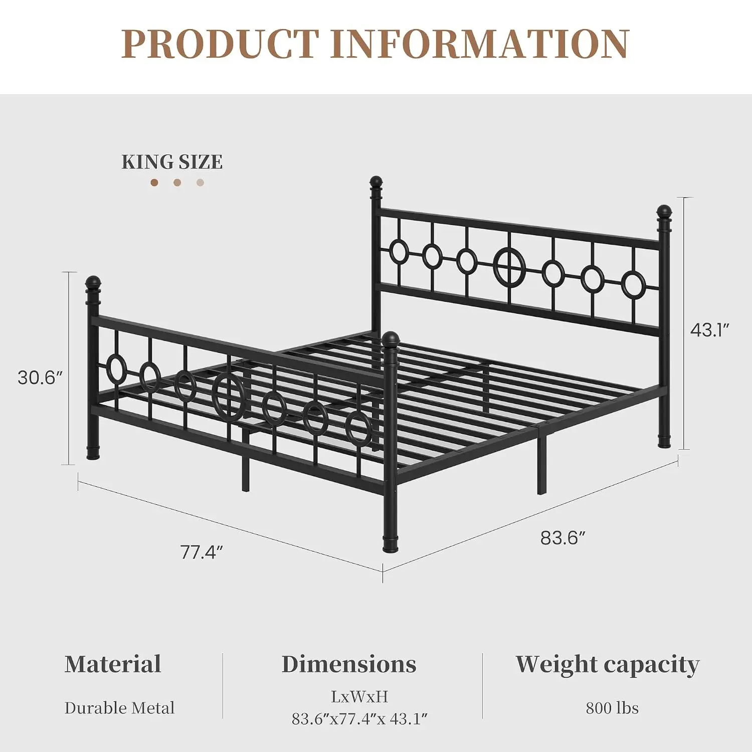 King Size Metal Bed Frame with Vintage Circular Headboard & Footboard, Heavy Duty Iron Platform Bed, Noise Free, No, Customized