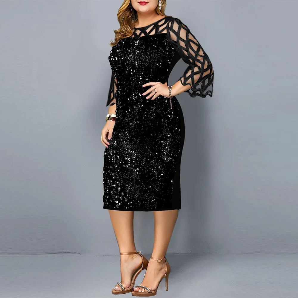 Big Size Clothing 2024 Spring Summer Loose Woman Dress Elegant Personalized Sequin Design Plus Size Dress Mom Party Vestidos