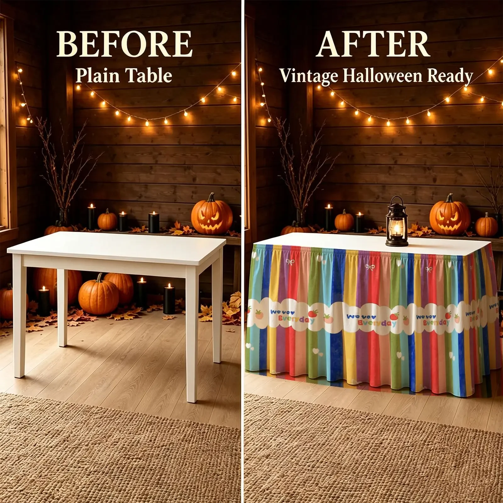 Halloween and Christmas party tablecloth - 1 piece - Color vertical stripes - Birthday happy text & balloon icon