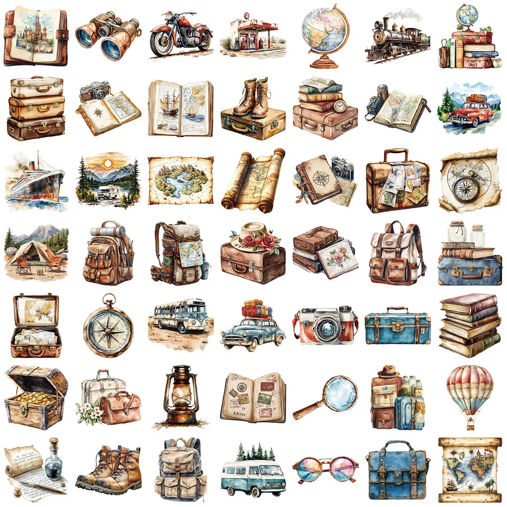 50 قطعة من ملصقات السفر العتيقة الشفافة - ديكور PET مقاوم للماء للمجلات والقيثارات وأجهزة الكمبيوتر المحمولة (متجر عوالم الرسوم المتحركة)