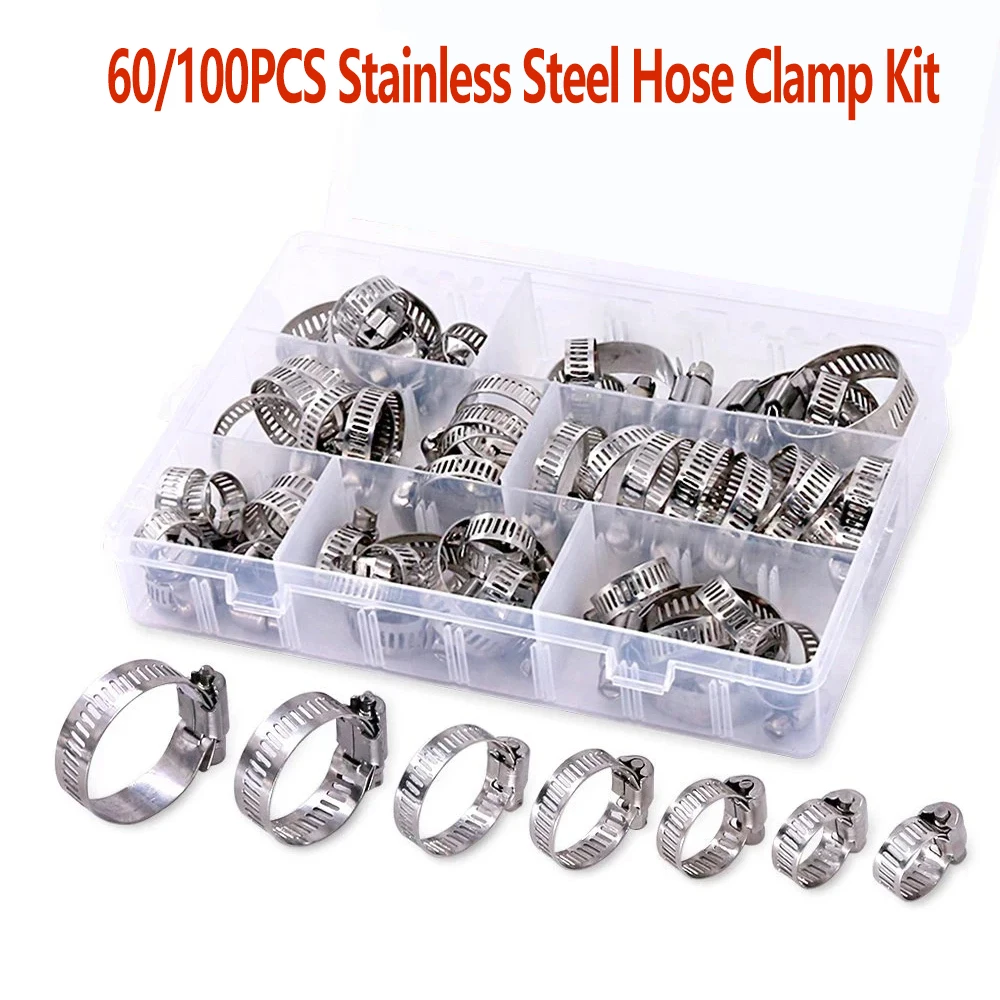 

60/100 шт. регулируемые хомуты для шлангов с винтовой лентой из нержавеющей стали, хомуты для автомобильных топливных шлангов, хомут для труб, червячный хомут, зажим для шланга
