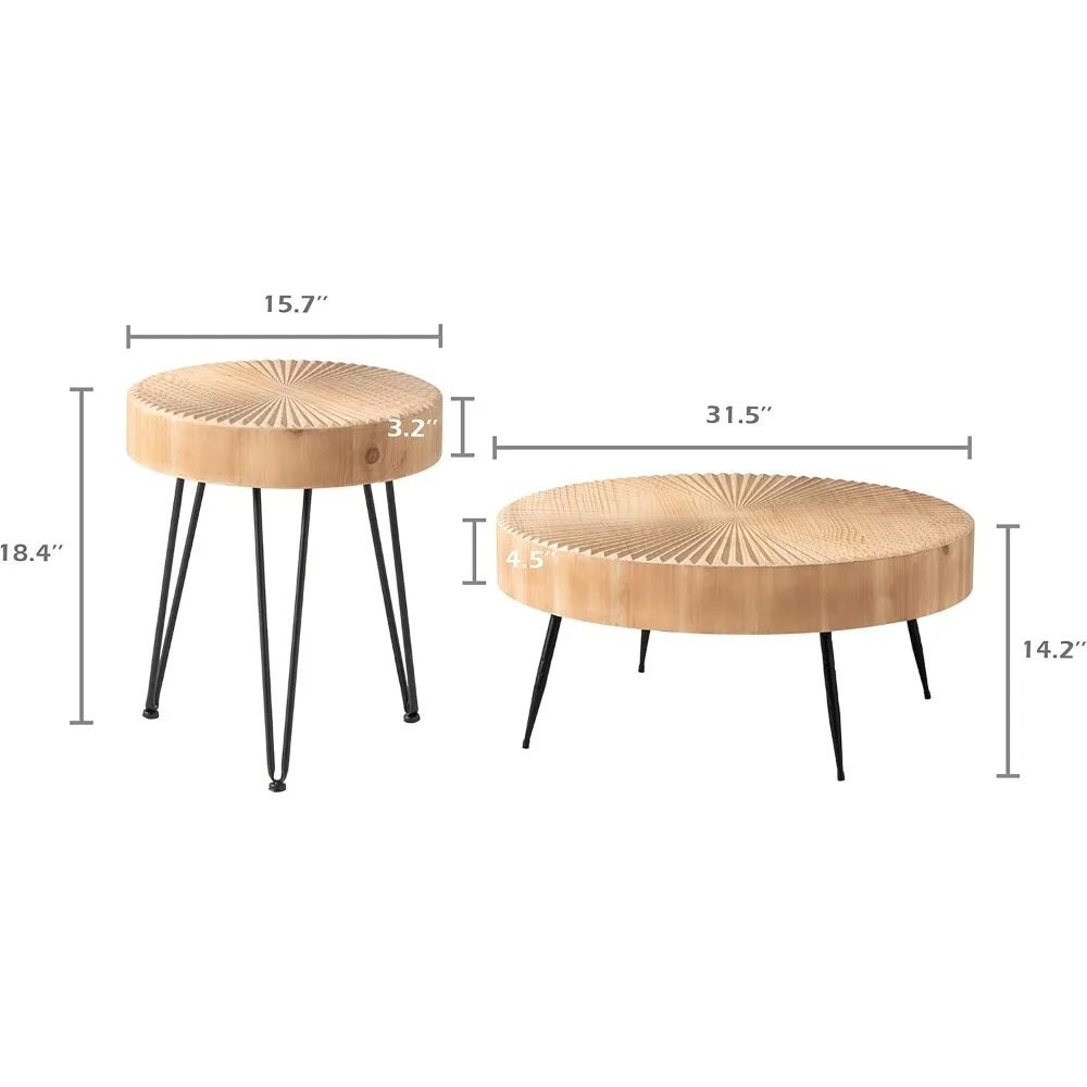 2-Piece Modern Farmhouse Living Room Coffee Table Set, Nesting Table Round with Handcrafted Wood Radial Pattern