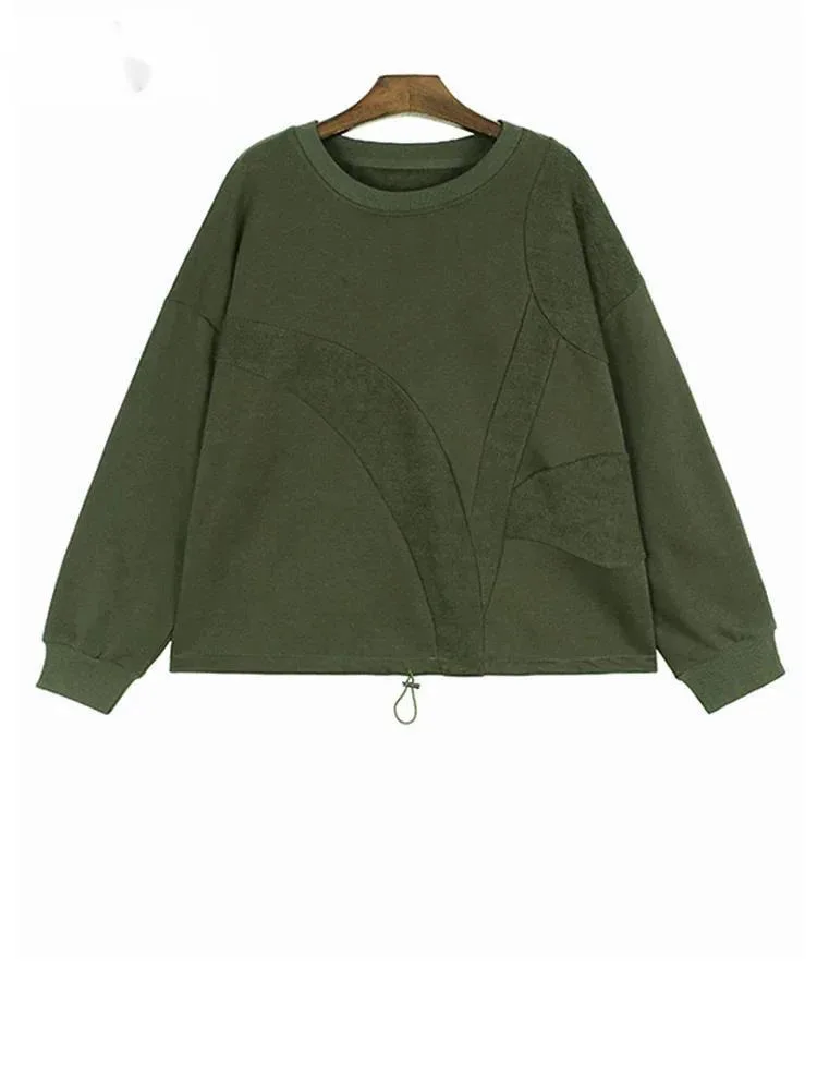 

Army Green Spliced Drawstring Sweatshirt New Round Neck Long Sleeve Women Big Size Fashion Tide Spring Autumn