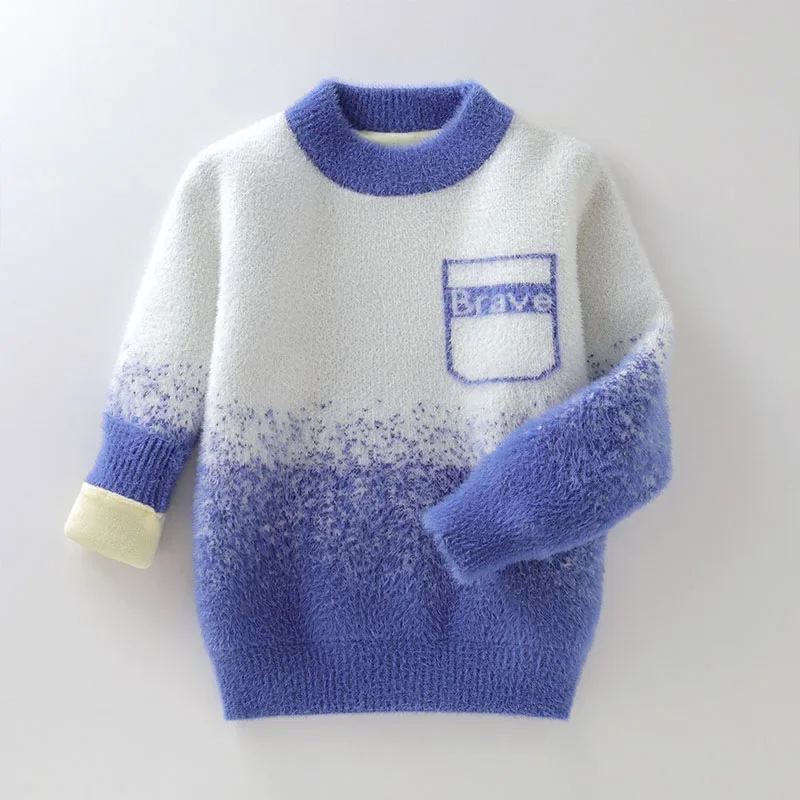 

Children's Thickend Plush Pullover Sweaters 2023 Autumn Winter New Fluff O-Neck Knitwear Lattice Sweaters for Boys 4-12T