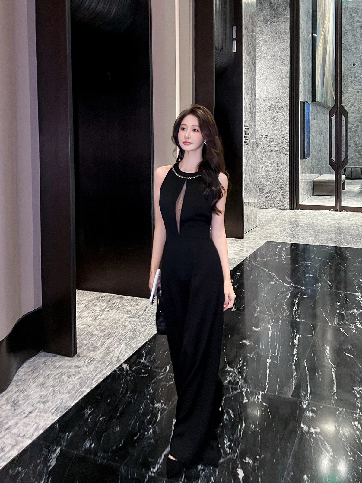 

Hebe Sle Bla Lace ter Suit for Women Luxury High Waist Straight Leg Long Pants Silk Commute Faion