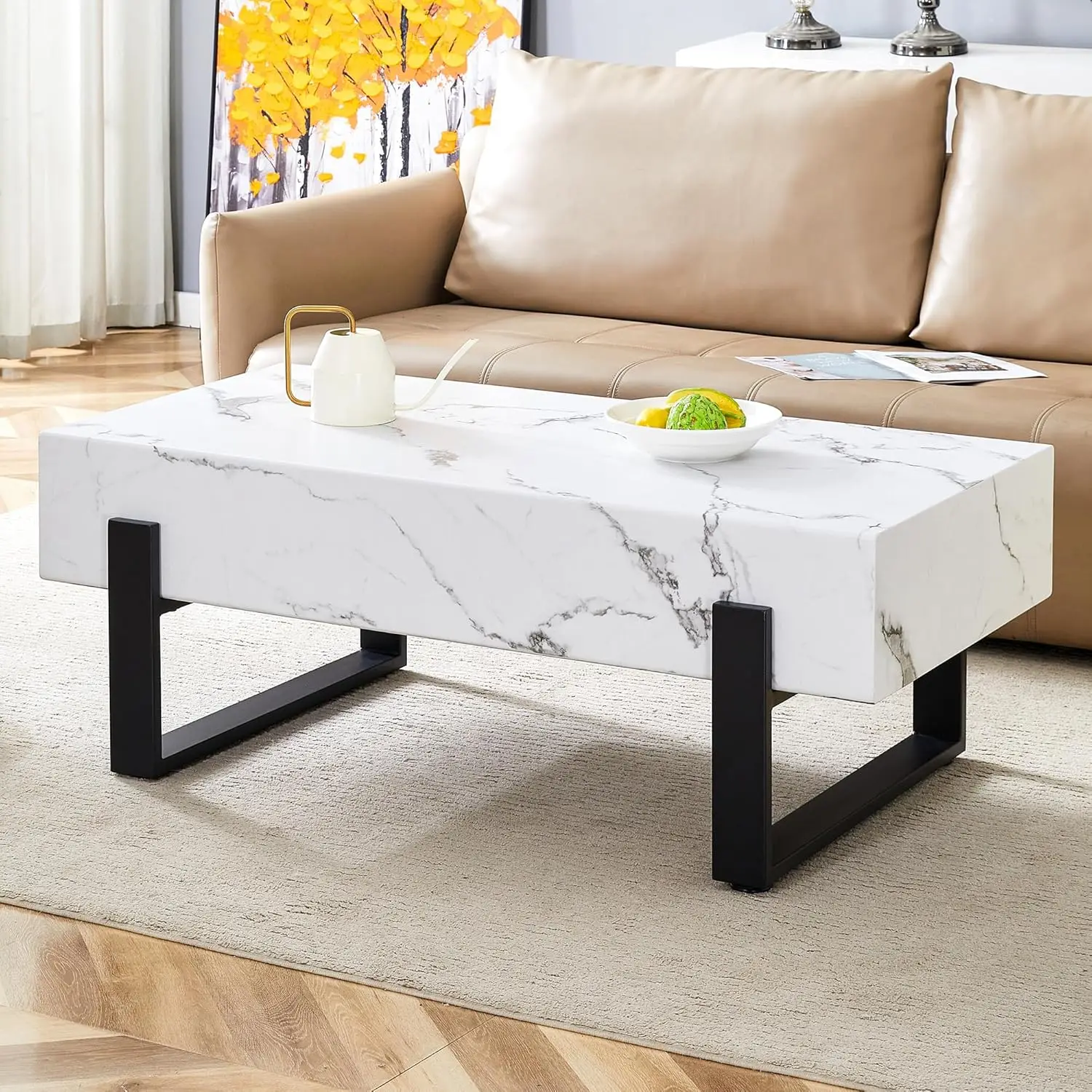 

47.2 Marble-Patterned Rectangle Coffee Table MDF Desktop with Metal Legs for Living Room Dining Room Office, White and Black