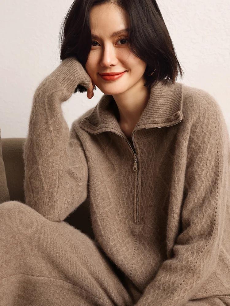 

Turtleneck Sweater Cable Stitch 100% Cashmere Knitted Pullover Autumn Winter Half Zipper Woman Clothes Soft Warm stand up collar