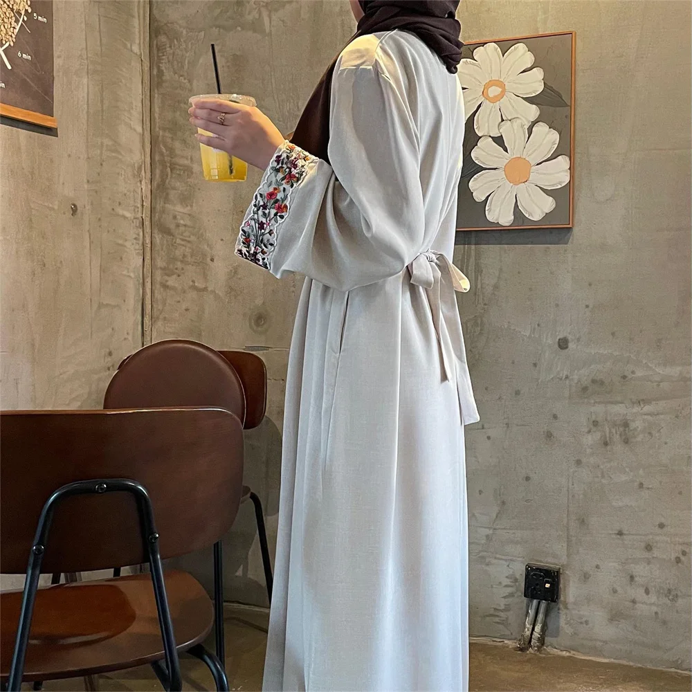 Vestido muçulmano bordado de linho feminino estampado abayas para mulheres manga comprida com pano interno temperamento robe árabe turquia dubai abaya