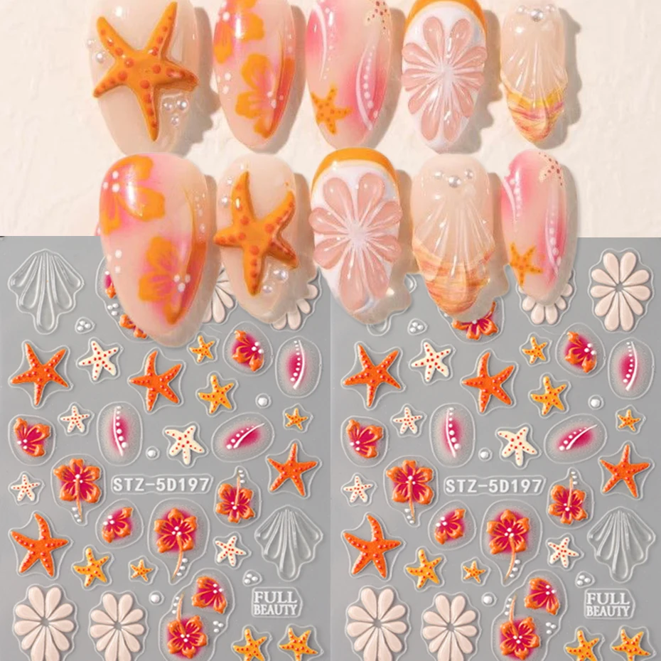 5D geprägte Nagelaufkleber mit orangefarbenen Blumen und Seesternen – mit lebendigem orangefarbenen und weißem Gänseblümchen-Design für Nagelkunst.