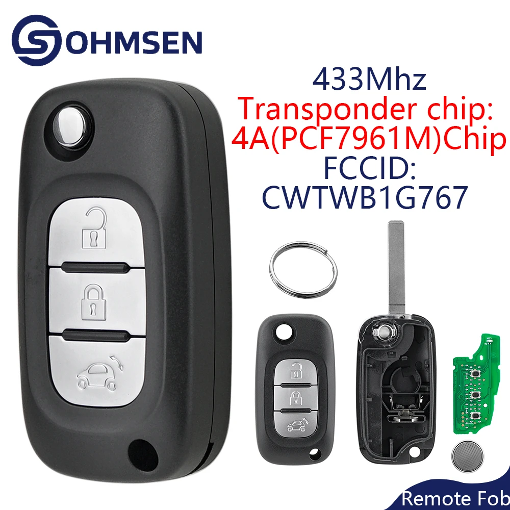 

OHMSEN For Smart 3 Button For Two 453 Car Remote Flip Key Fob 3 Button 433MHz 4A PCF7961M Chip