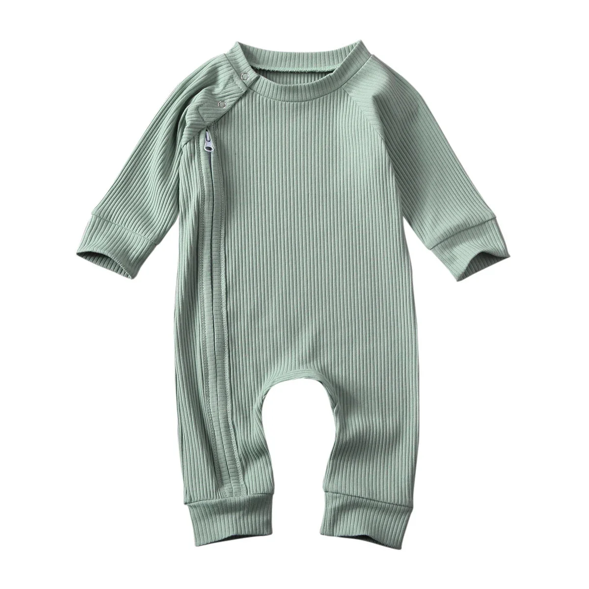 Infant Baby Girl Boy Solid Jumpsuit Long Sleeve Zipper Buttons Ribbed Jumpsuit Pure Cotton Jumpsuit Baby Round Neck Rompers