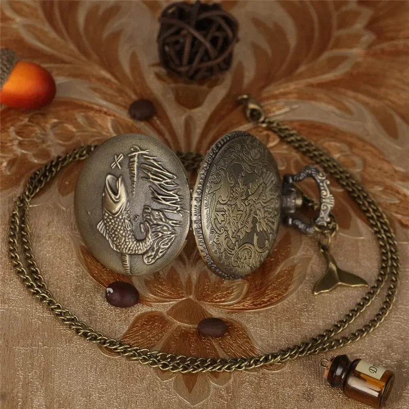 Orologio da tasca al quarzo Hunter completo con design Steampunk Fish per uomo Donna Collana maglione Ciondolo a catena Orologio con numero arabo a coda di pesce