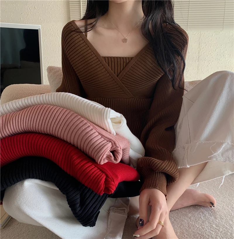 Christmas Red Pullovers Fake Two Pieces for Women Xmas Solid Cross V-neck Slip Off Shoulder Sweater Sexy Lady Slim Knitshirt Top