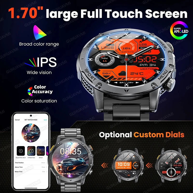 2025 New GPS Sports Smart Watch 1000mAh Large battery AMOLED LED Flashlight Compass Military Grade Bluetooth call Smartwatch men