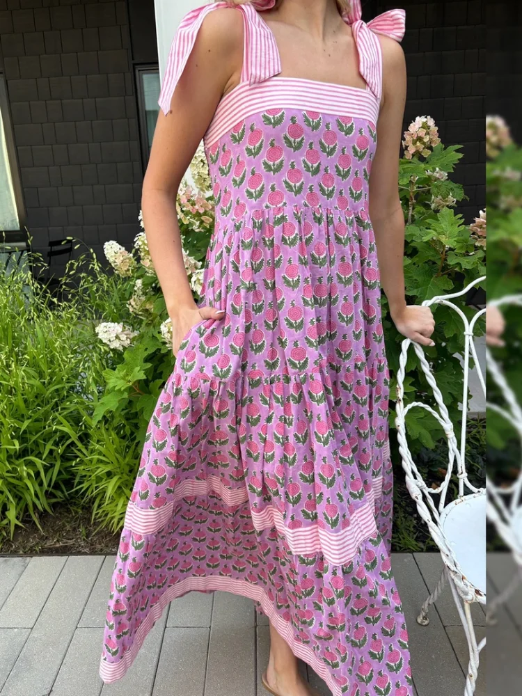 

Женское платье-комбинация в стиле бохо, винтажное, с цветочным принтом, длинное, с регулируемой завязкой, квадратным вырезом, оборками и многоярусной юбкой, пляжное летнее платье-сарафан