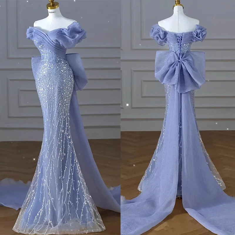 Vestido alto feminino fora do ombro azul vestido de noite luz luxo nicho sereia lantejoulas anfitrião elegante festa