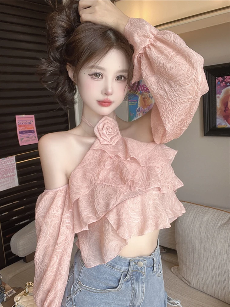 Sweet Blouse Women Elegant Ruffles Off Shoulder Flare Long Sleeve Flowers Hollow Out Loose Autumn New Fashion Shirts