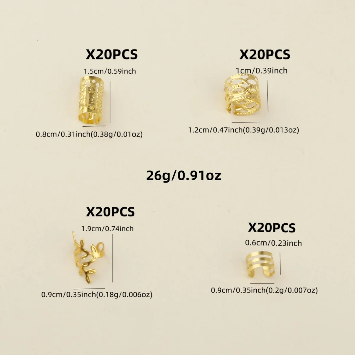 40개/봉지 골든 올리브 가지 모양 속이 빈 드레드락 가발 헤어 링 세트 - DIY 가발 드레드 브레이딩 헤어 액세서리 부품