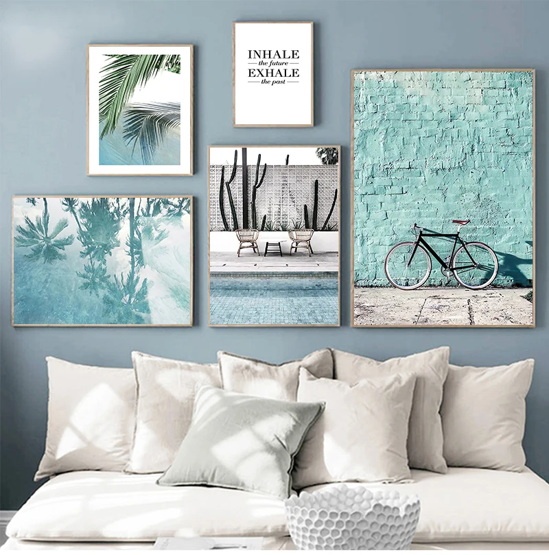 Tropical Decoration Canvas Painting Blue Sea Bicycle Landscape Poster Nordic Print Decorative Wall Art Picture Living Room Decor
