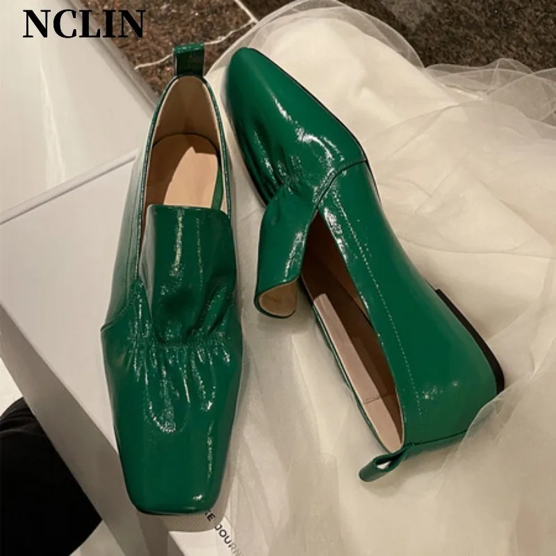 2024 New Genuine Leather Loafers Spring/Autumn Square Toe Chunky Heel Women Flats Shoes for Women Ladies Shoes Comfort Low Heels