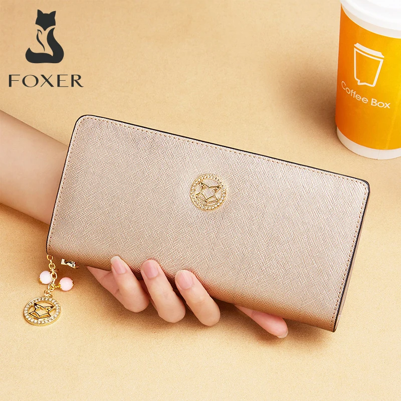 FOXER Brand Women Split Leather Wallet Simple Coin Purse Fashion Zipper Long Wallets Female Clutch Bag Multifunction Card Holder