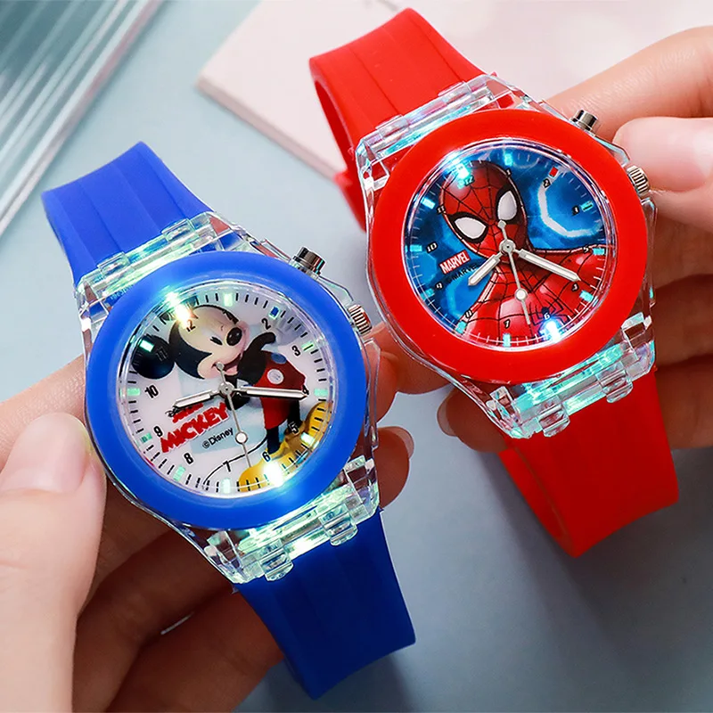 Disney Mickey dzieci oglądają dziewczęce kolorowe źródło światła silikonowe Elsa Hello Kitty Kids Watch chłopięce prezent na nadgarstek Relogio