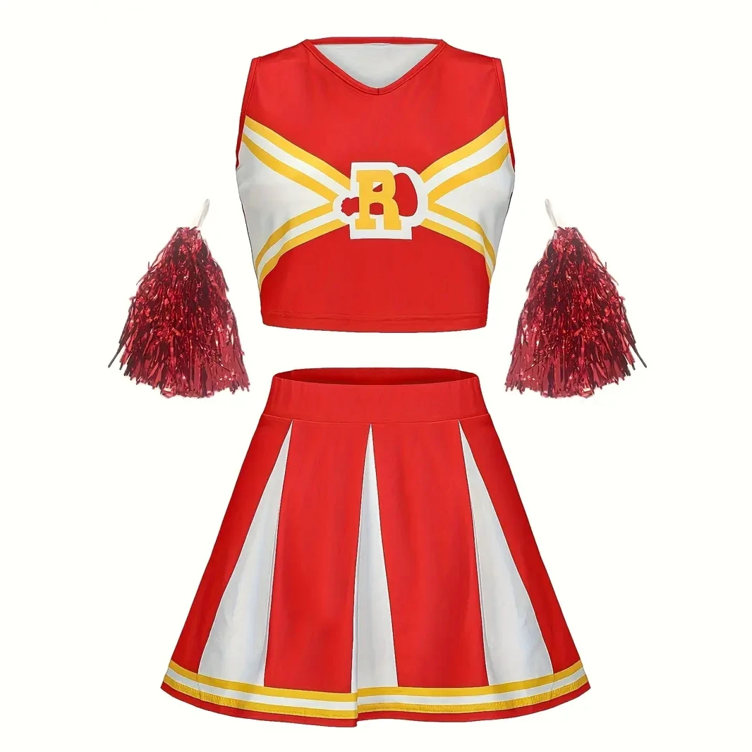 

Женская форма черлидинга, комплект из двух предметов, укороченный топ с помпонами и плиссированная юбка для игрового дня, танцевальных выступлений