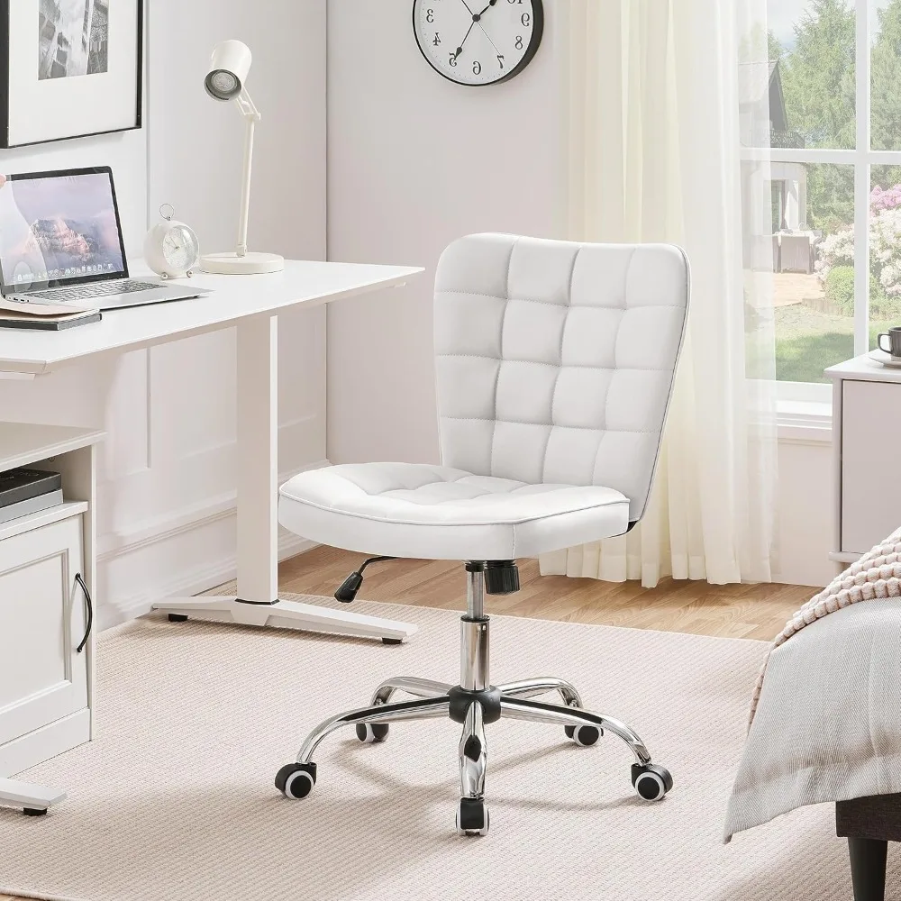 Armless Desk Chair Modern Tufted Office Chair Faux Leather Upholstered Computer Chair with Adjustable Seat Height and Rolling