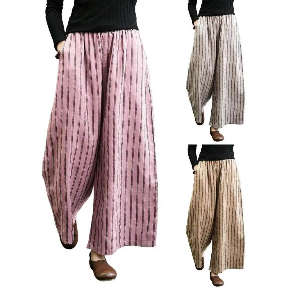 

Women 2026 Pants Elastic High Waist Casual Pants with Pockets Straight Wide Leg Vertical Striped Print Draped Business Trousers