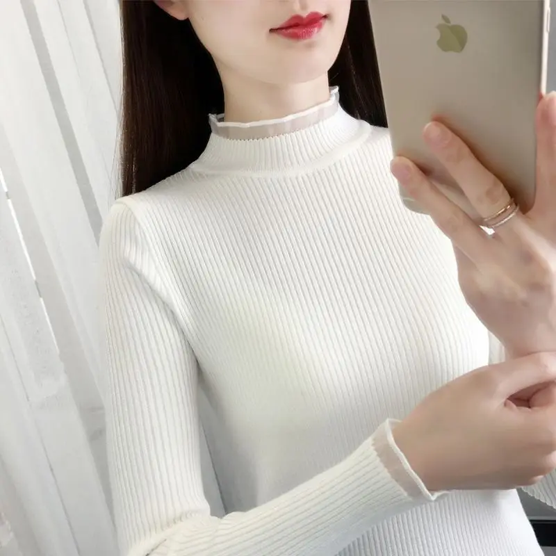 Women's Clothing Half High Collar Solid Color Long Sleeve Lace Pullover Sweater Knitted Casual Elegant Autumn Winter Tops