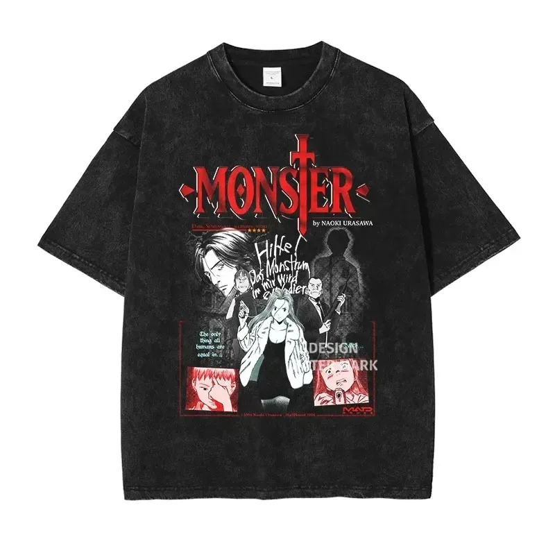 

Anime Monster Graphic Print T Shirt Liebert Johan Vintage Washed Tops Short Sleeve Male Female Casual Cotton Oversized Tee
