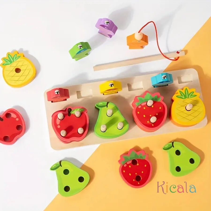 Kids Wooden Educational Toys Sorting Stacking Preschool Color Shape Fruit Classification Cognition Fishing Game Christamas Gift