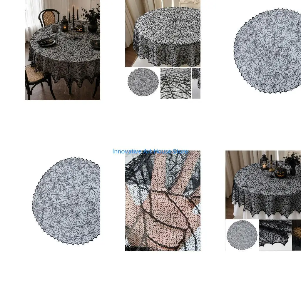 E1PC Spooky Round Tablecloth for Halloween Decors, Black Lace Spiderweb Fabric Table Cover for Dining Table, Dessert Table, and