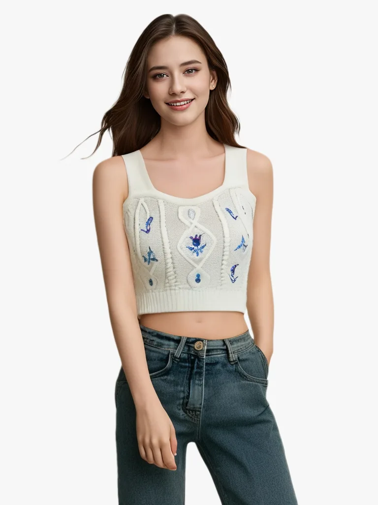 JANZHISAN Women Knitted Crop Camis Top Ladies Floral Embroidery Knitted Short Vest Summer Sweater Vintage Tank Crop Camis Top