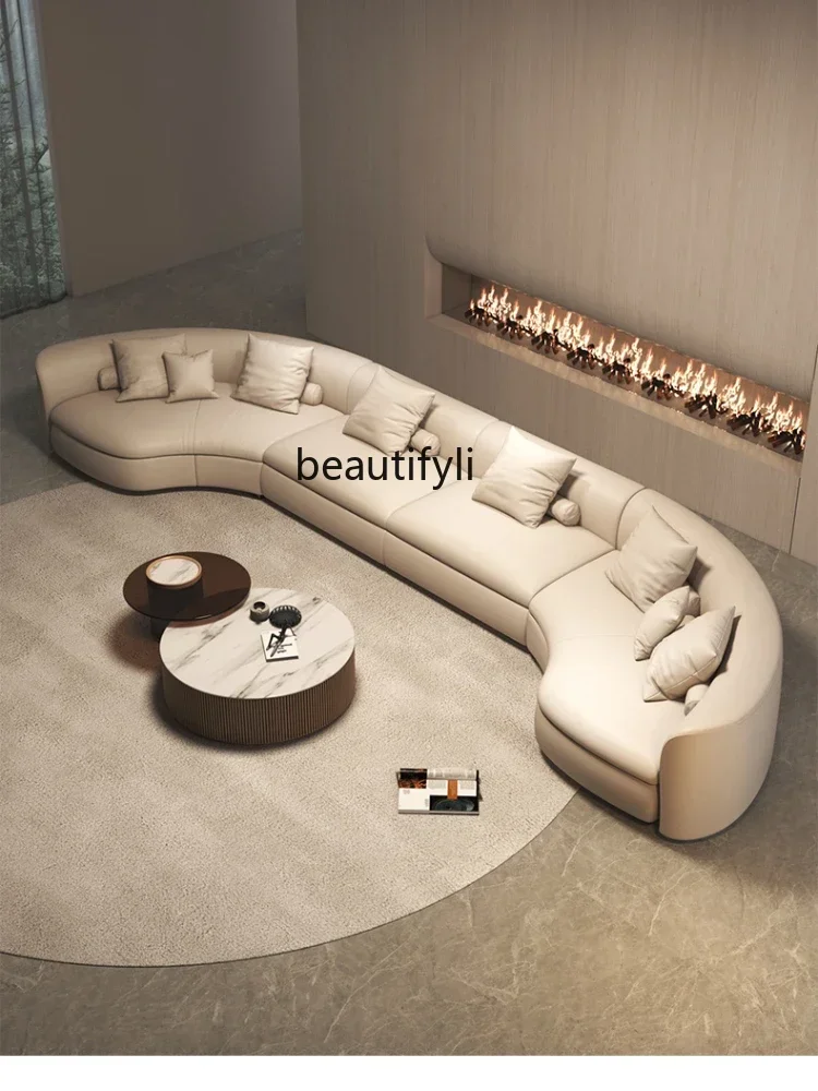 Italian Minimalist Circular Curved Leather Sofa Large Apartment Living Room Corner Leather Sofa