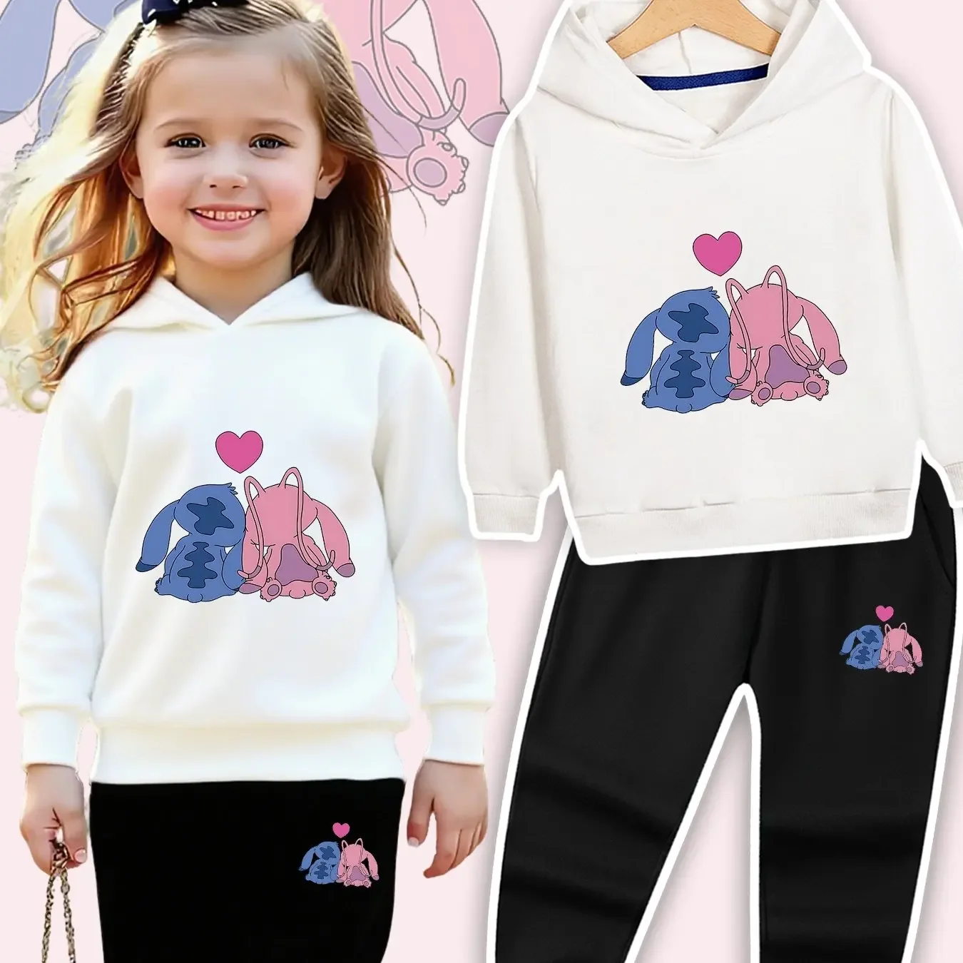 

Stitch and Angel'S Heartfelt Moment Casual Sports hooded Long Sleeve Pullover, Soft Fabric, Cute Design