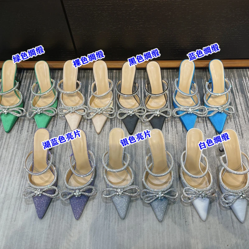 

2022 Women's New Spring and Summer Pointed One Word with Baotou Bow Rhinestone High-heeled Stiletto Slippers