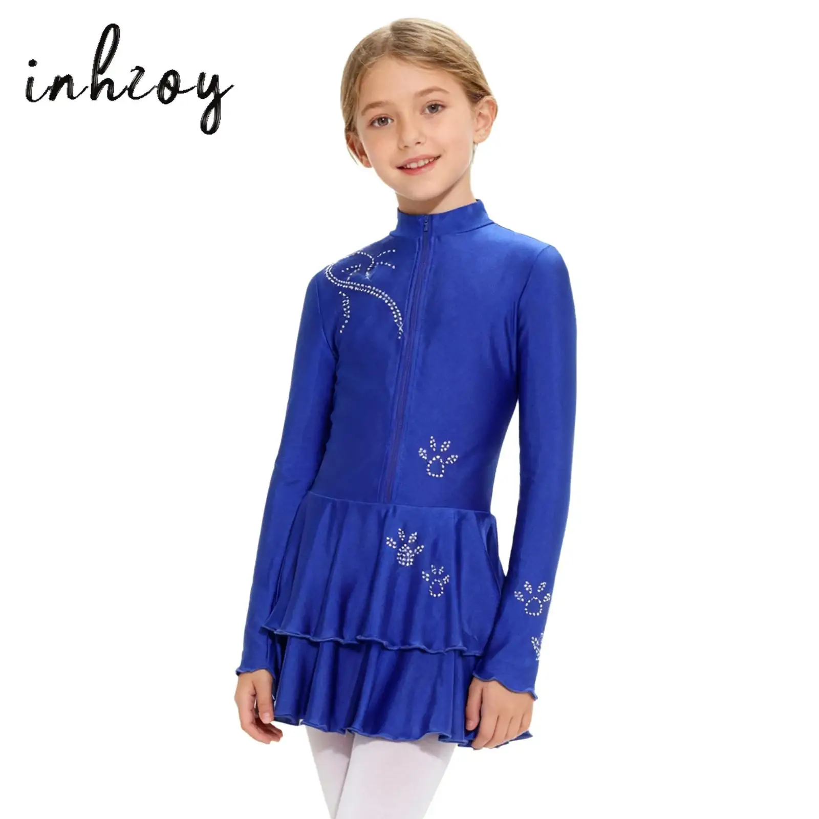 

Kids Girls Figure Skating Dance Dress Rhinestones Mock Neck Long Sleeve Front Zip Tiered Ruffled Hem Leotard Ballet Dance Dress