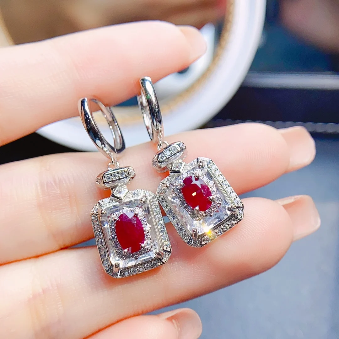 

FS S925 Sterling Silver Inlay 4*6 Natural Ruby Perfume Bottle Earrings for Women Fine Fashion Charm Weddings Jewelry MeiBaPJ